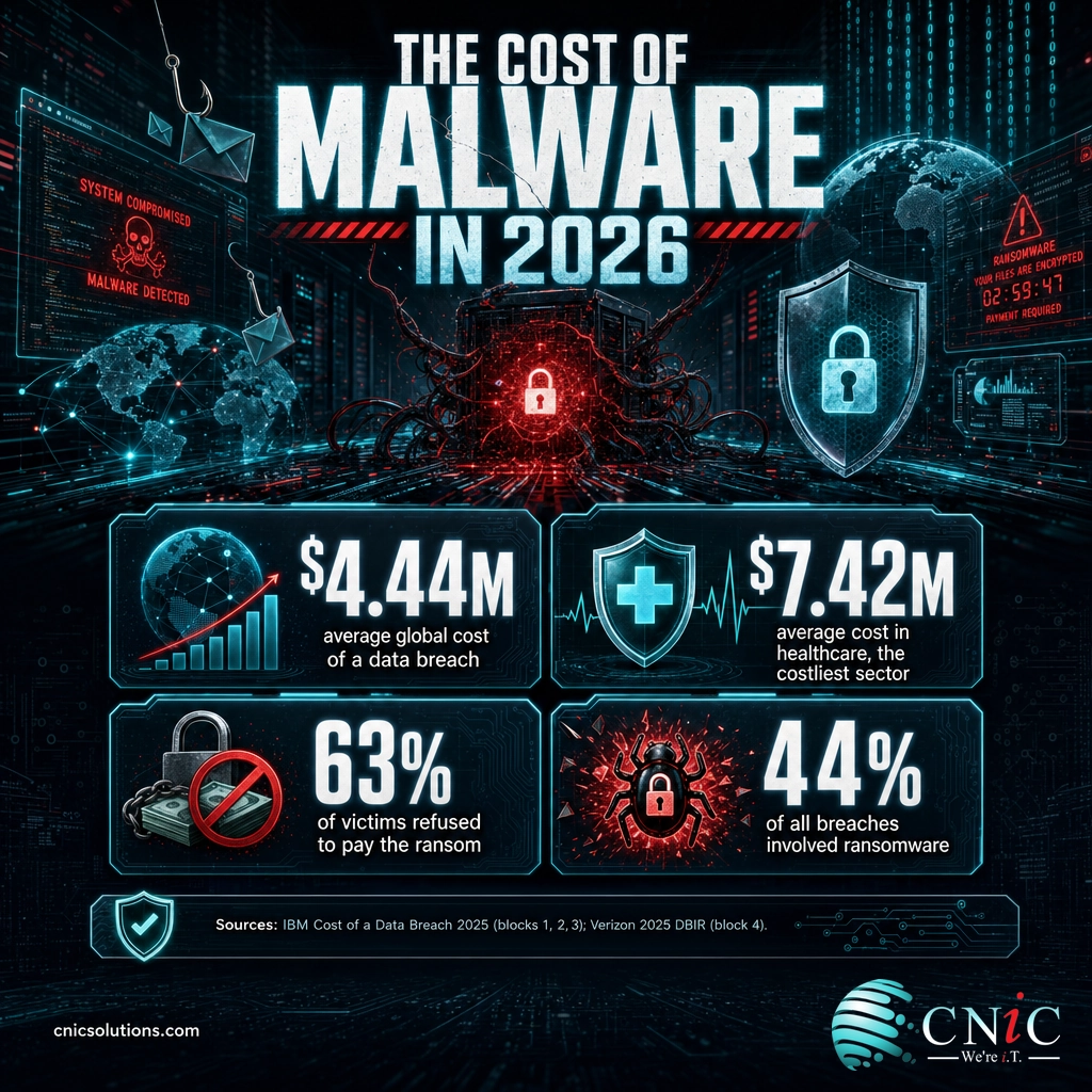 Infographic of 2026 malware impact: breach cost, healthcare cost, ransom refusal rate, and ransomware prevalence
