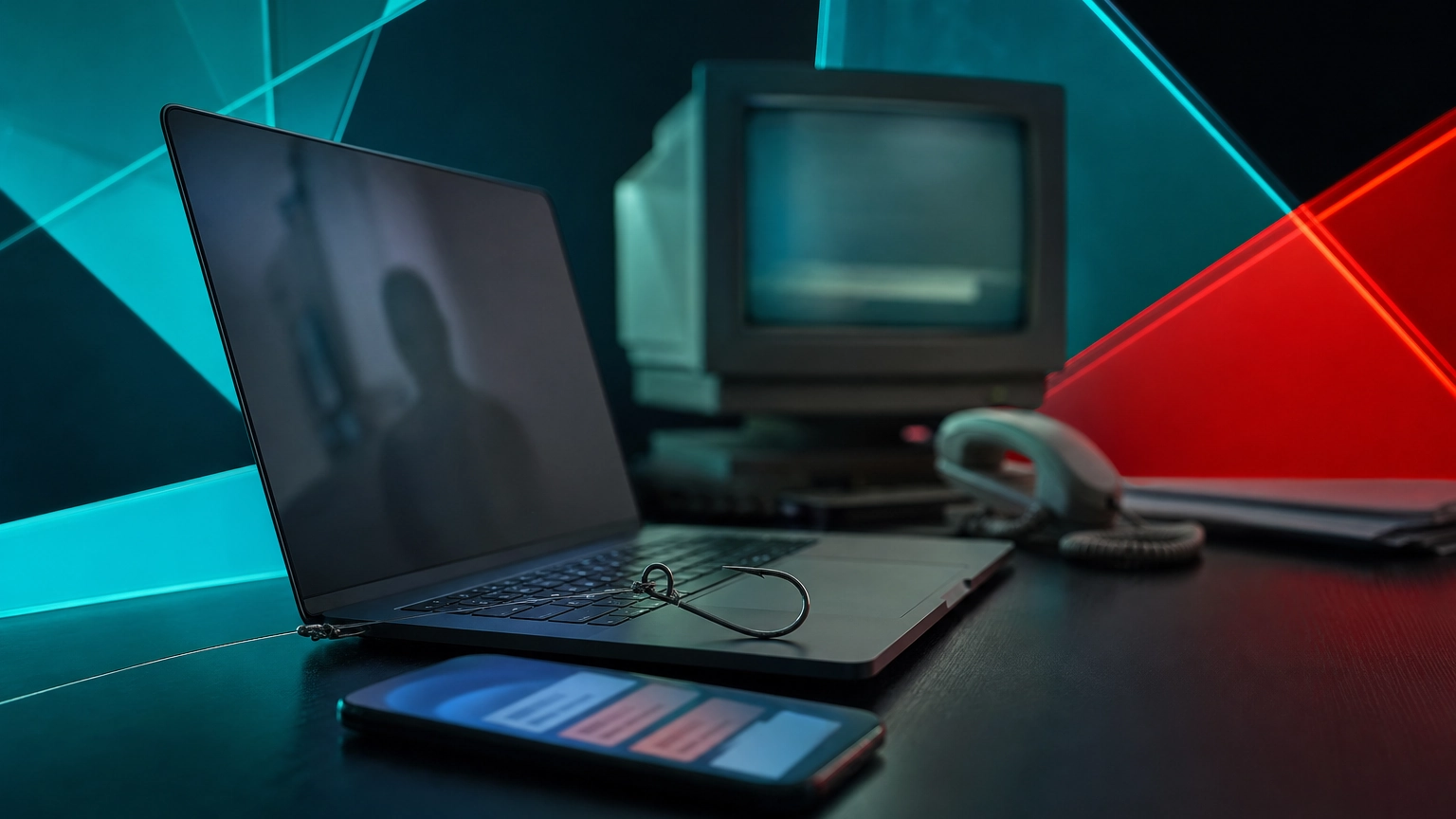 Vintage CRT, laptop, and smartphone on a desk symbolizing the history and evolution of phishing attacks
