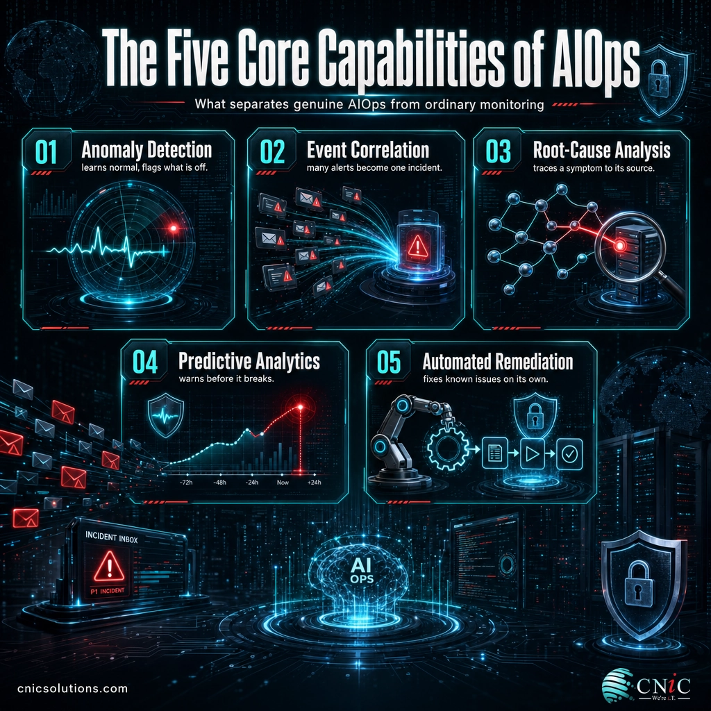 Infographic of five AIOps capabilities: anomaly detection, event correlation, root-cause analysis, predictive analytics, and automated remediation