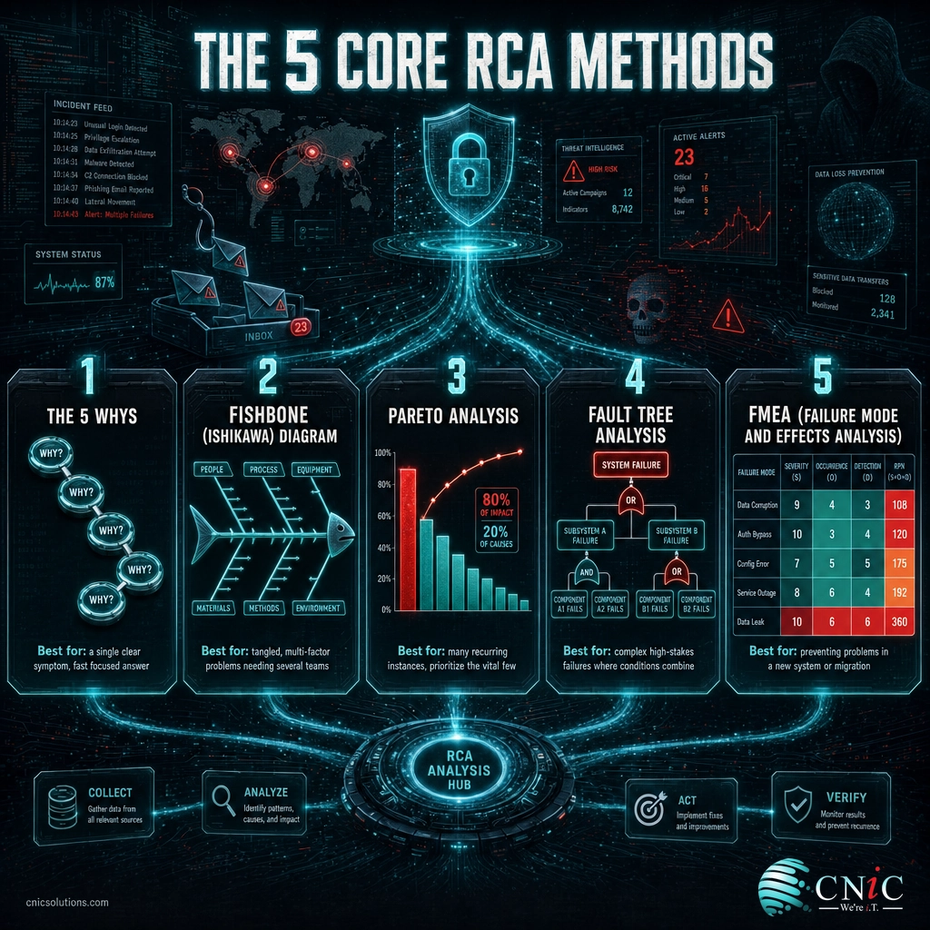 Infographic of five RCA methods: 5 Whys, fishbone diagram, Pareto analysis, fault tree analysis, and FMEA