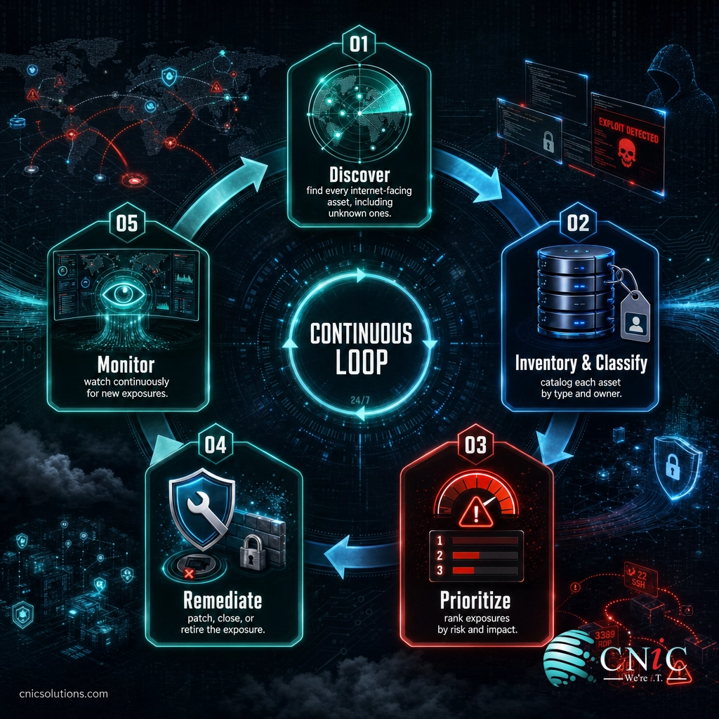 Infographic of the attack surface management lifecycle loop, from discovery and inventory to prioritization, remediation, and continuous monitoring