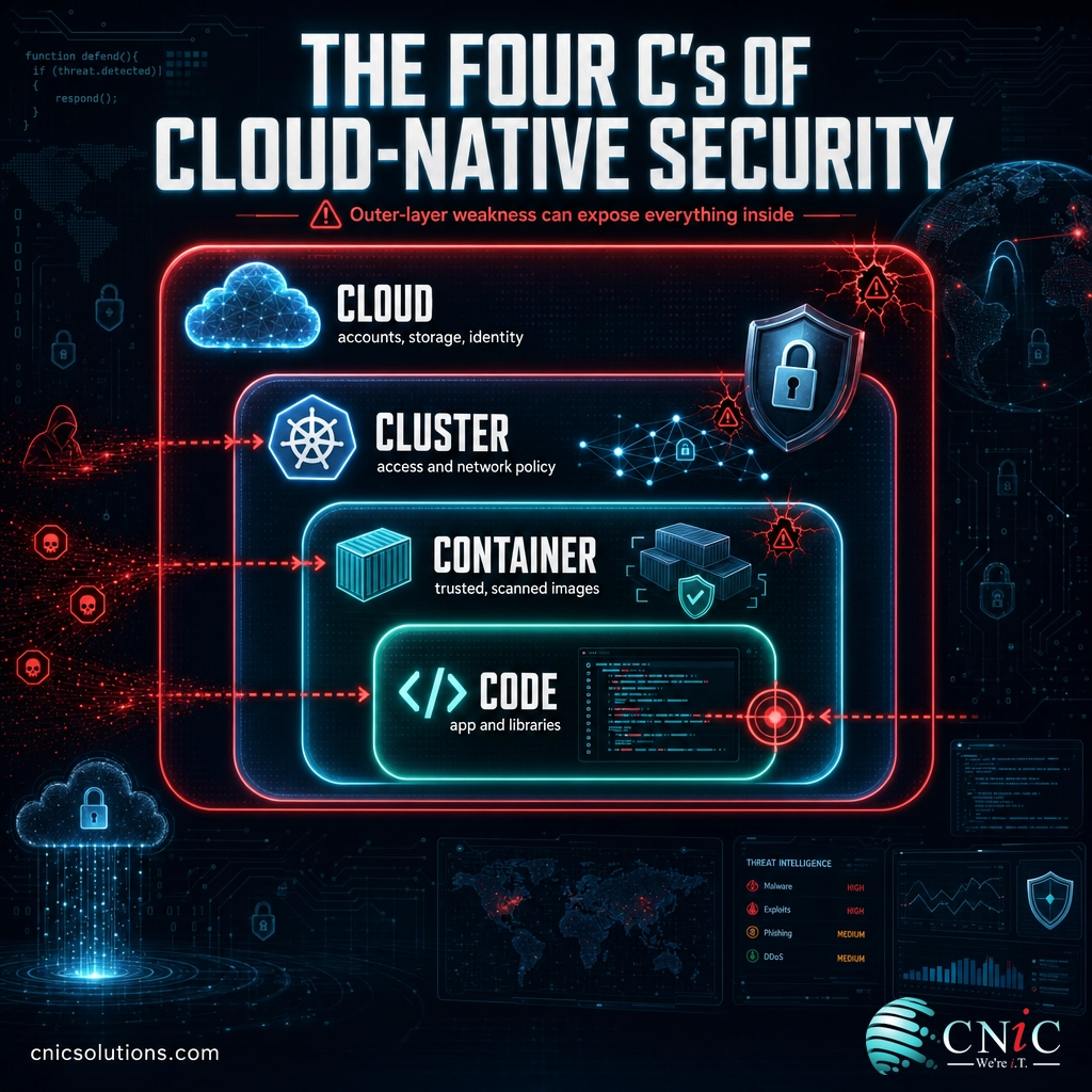 Infographic of the four C's of cloud-native security shown as nested layers: Code inside Container inside Cluster inside Cloud