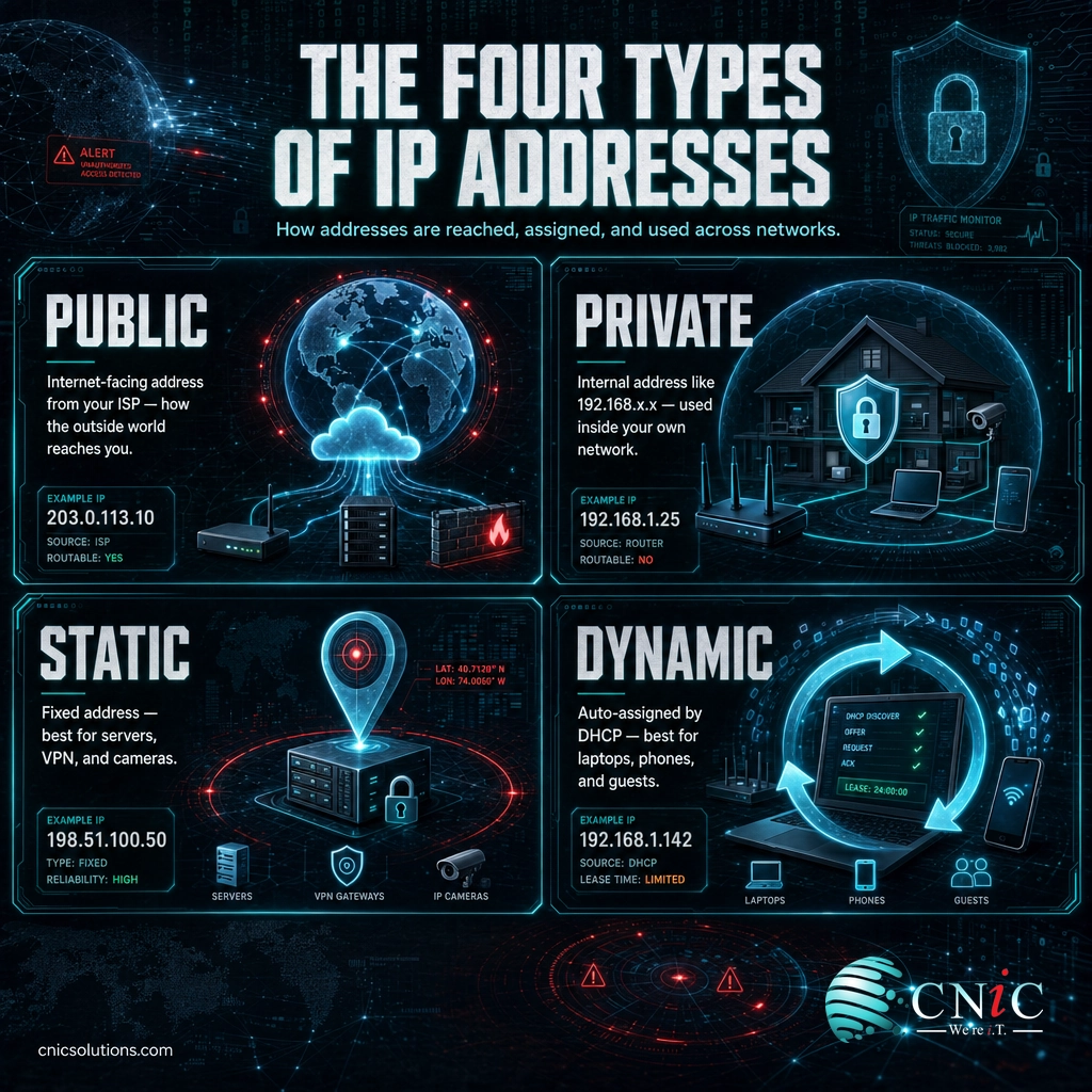 Four-panel infographic comparing public, private, static, and dynamic IP addresses with a typical business use for each