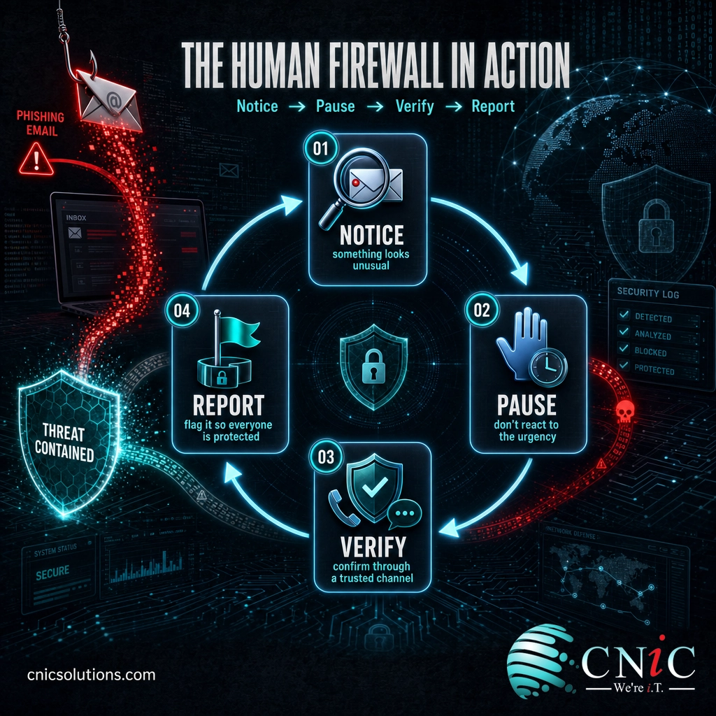 Cycle diagram of the human firewall loop: notice, pause, verify, and report a suspicious email