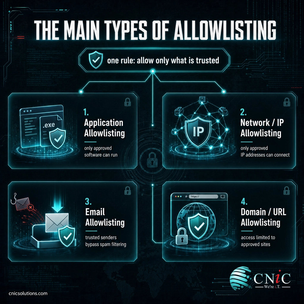 Infographic showing four types of allowlisting: application, network or IP, email, and domain or URL