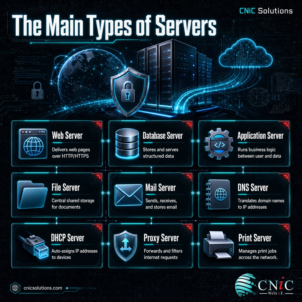 Infographic grid of nine server types with icons: web, database, application, file, mail, DNS, DHCP, proxy, print