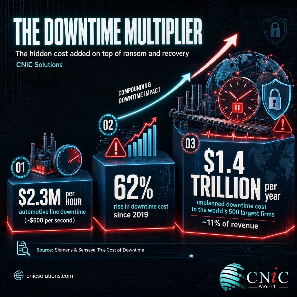 Infographic showing escalating downtime cost: $2.3M per hour automotive, 62% rise since 2019, $1.4 trillion per year total