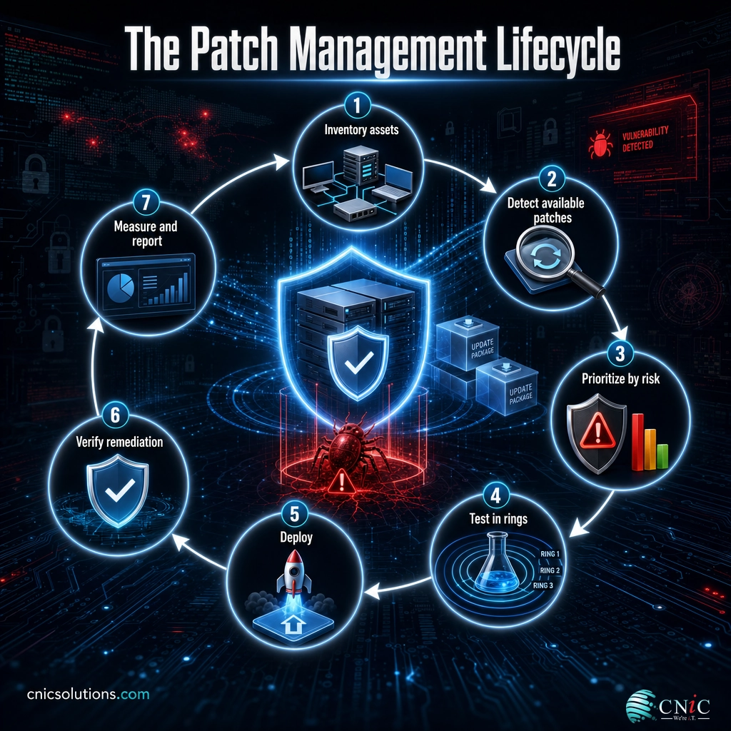 Infographic of the seven-stage patch management lifecycle from asset inventory to reporting