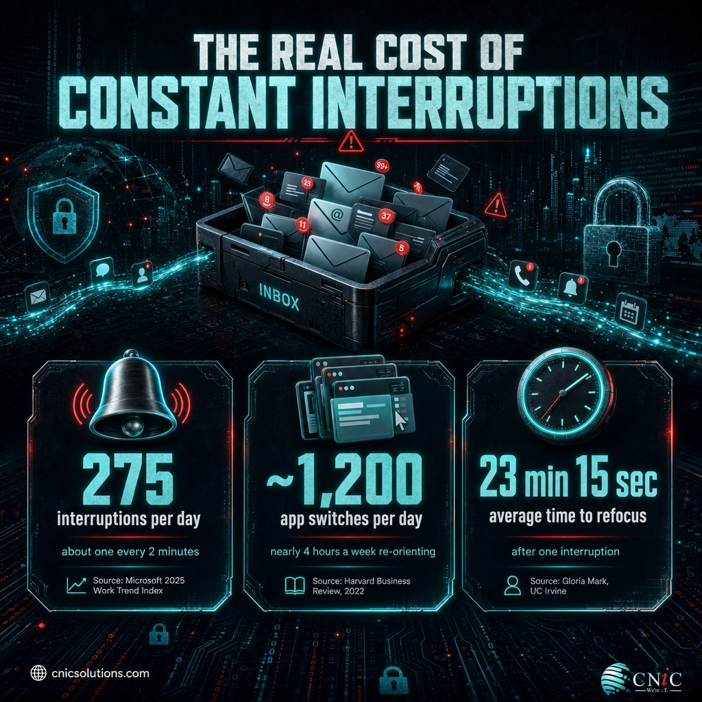Infographic showing 275 daily interruptions, 1,200 app switches, and 23 minutes to refocus