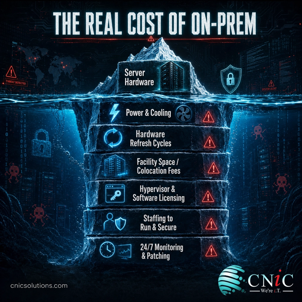 Iceberg infographic showing server hardware as the visible cost with hidden on-premises costs like power, refresh, licensing, and staffing below the surface