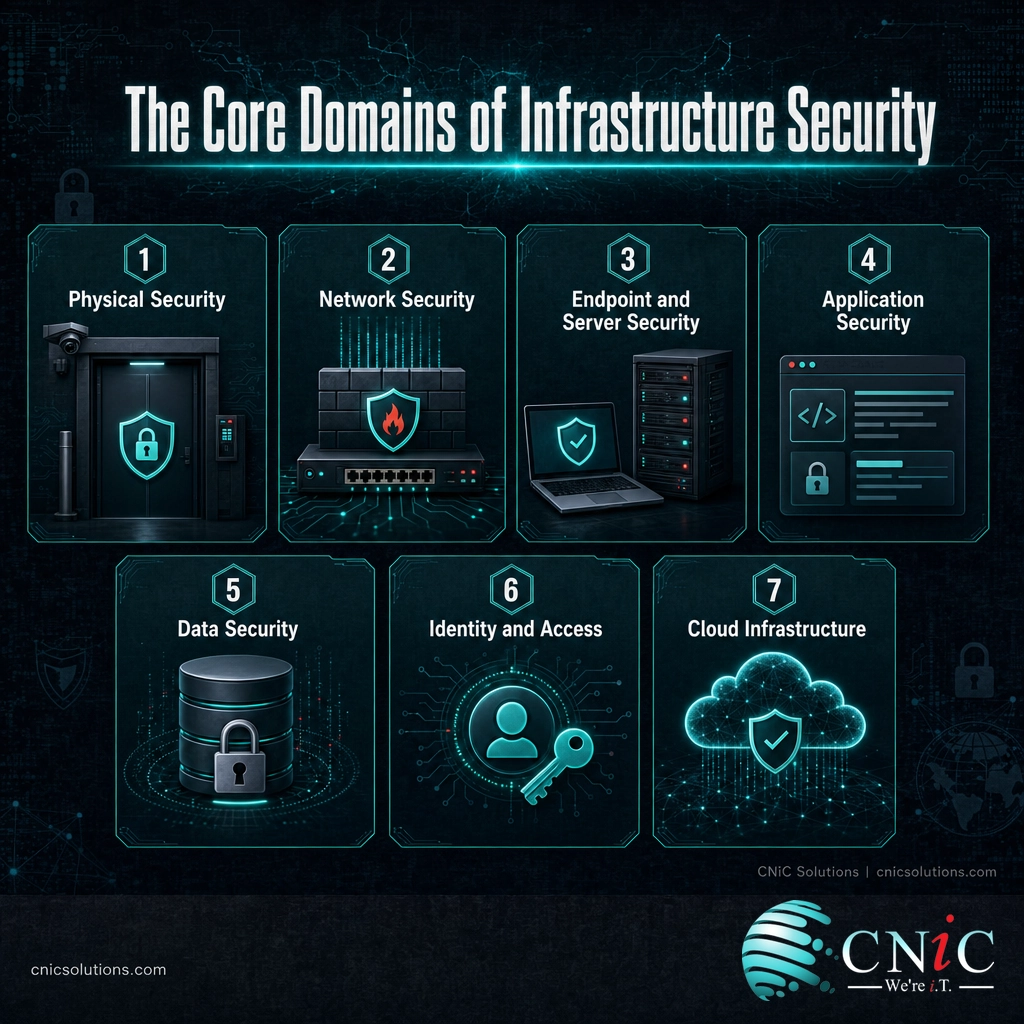 Infographic of the seven core domains of infrastructure security: physical, network, endpoint, application, data, identity, and cloud