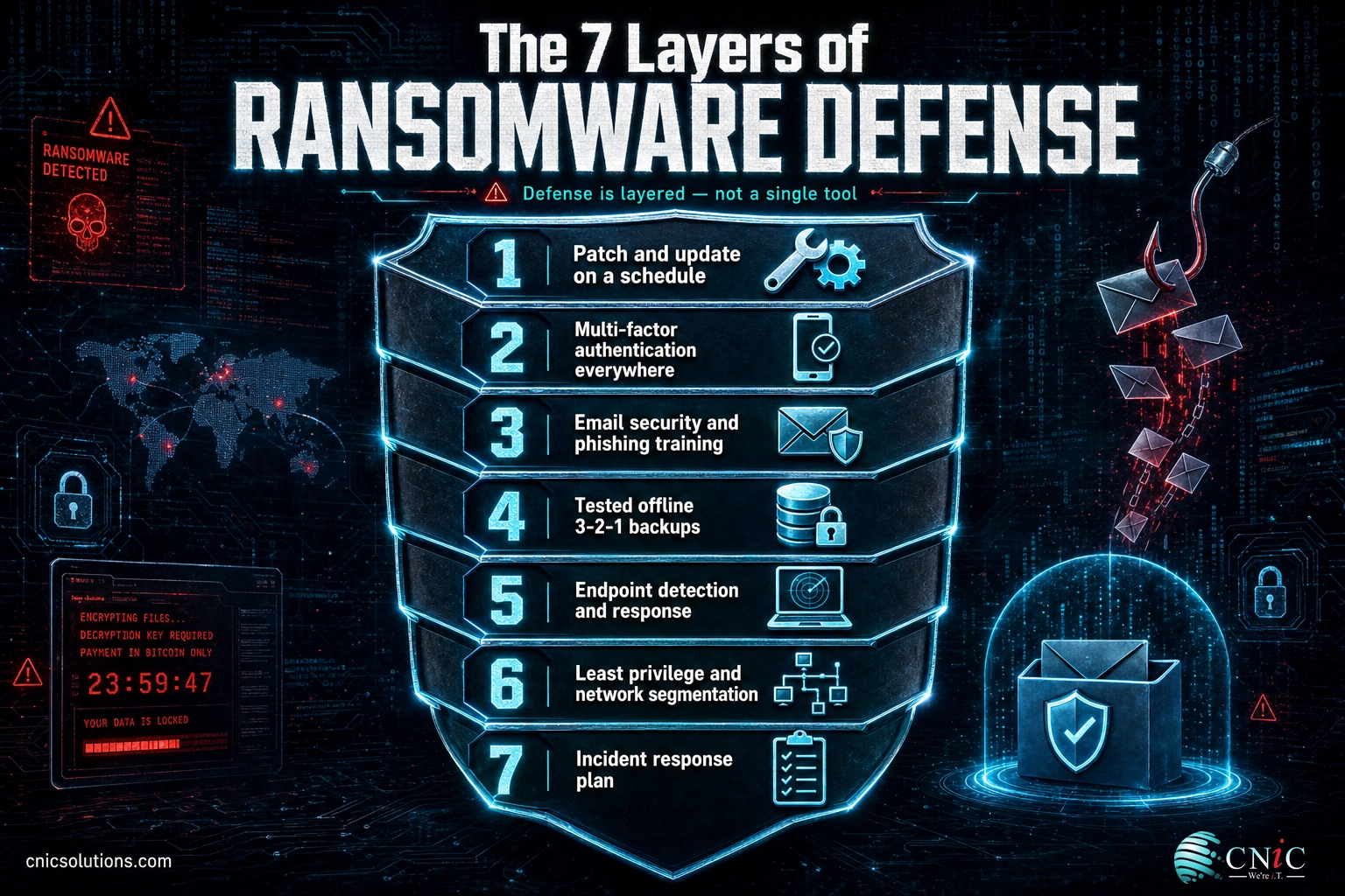 Infographic of seven layered ransomware defenses from patching and MFA to backups and incident response