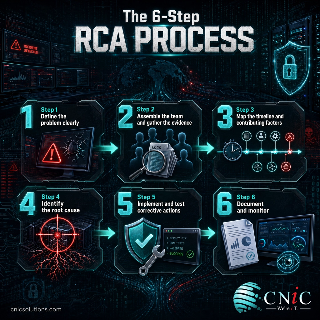 Infographic flow of the six-step root cause analysis process from defining the problem to monitoring