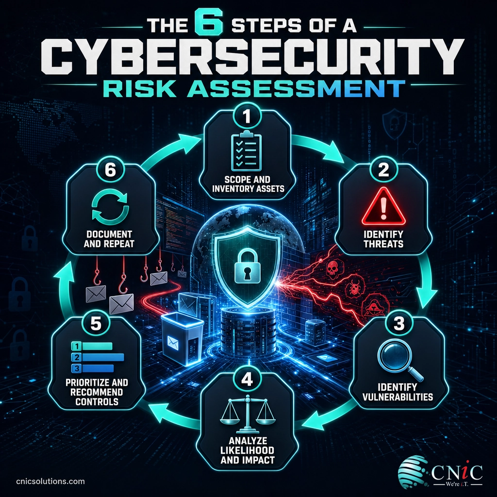 Infographic showing the six steps of a cybersecurity risk assessment as an ongoing cycle from asset inventory to documentation