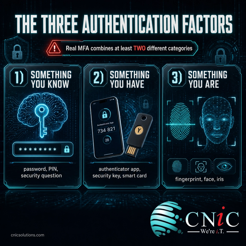 Infographic showing the three authentication factors: something you know, something you have, and something you are