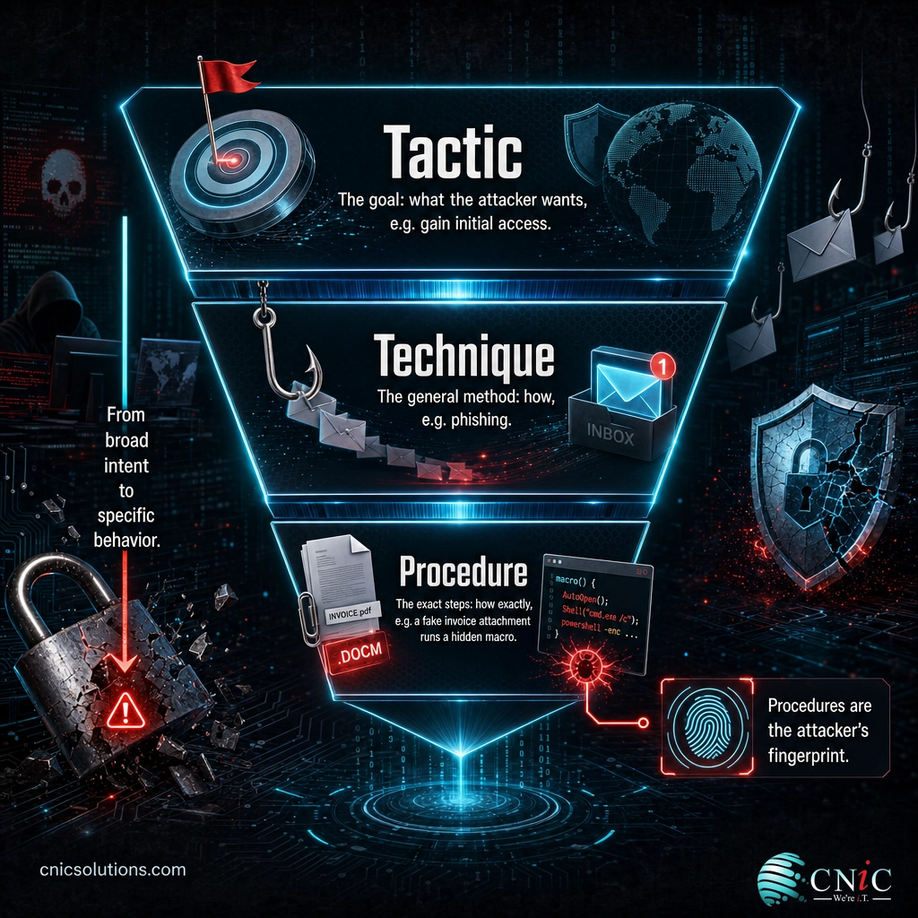 Infographic showing the TTP hierarchy narrowing from tactic to technique to procedure, from goal to exact steps