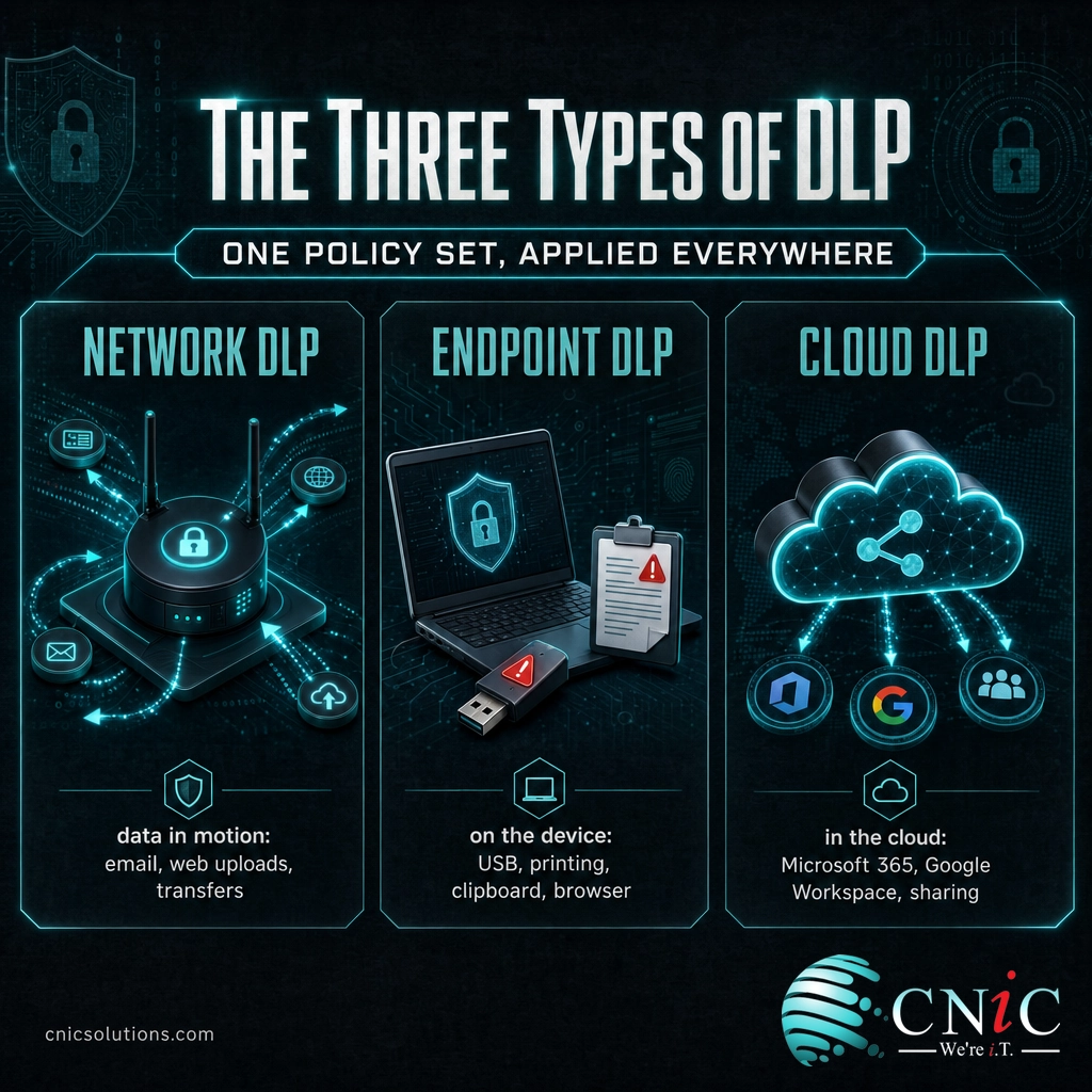 Infographic showing the three types of DLP: network, endpoint, and cloud, each with the channel it covers
