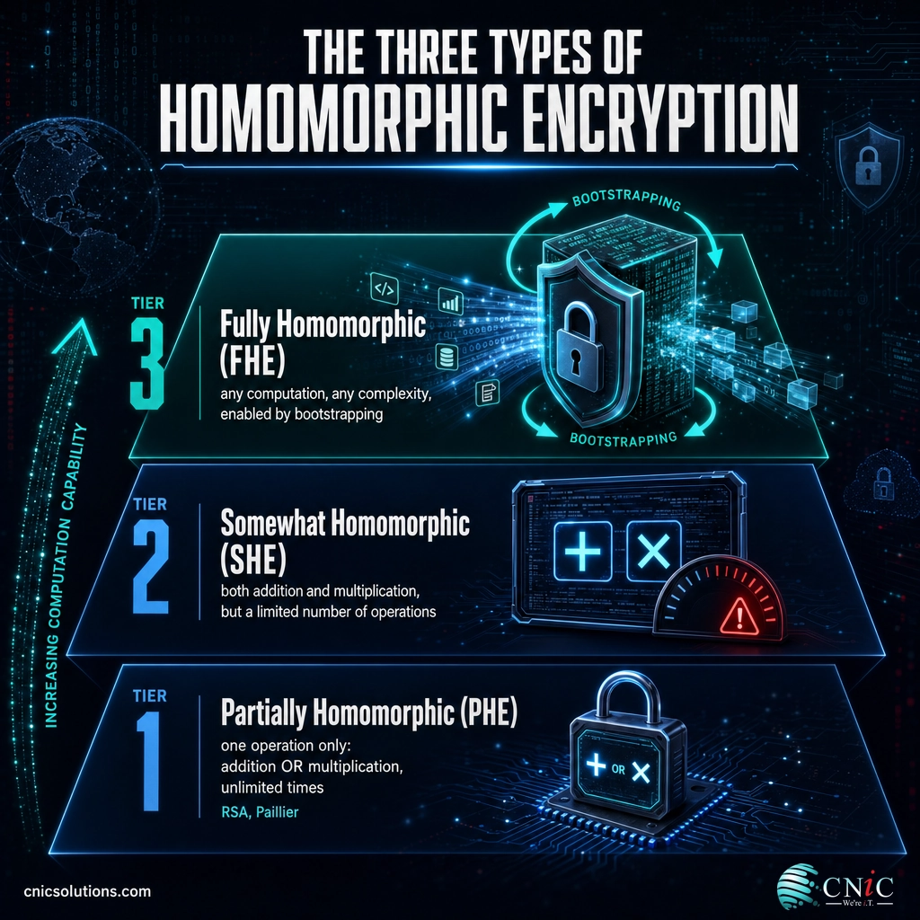 Infographic comparing partially, somewhat, and fully homomorphic encryption by how much computation each allows