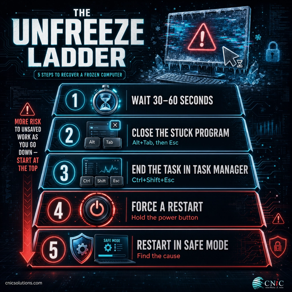 Infographic showing the five-step escalating sequence to unfreeze a frozen computer