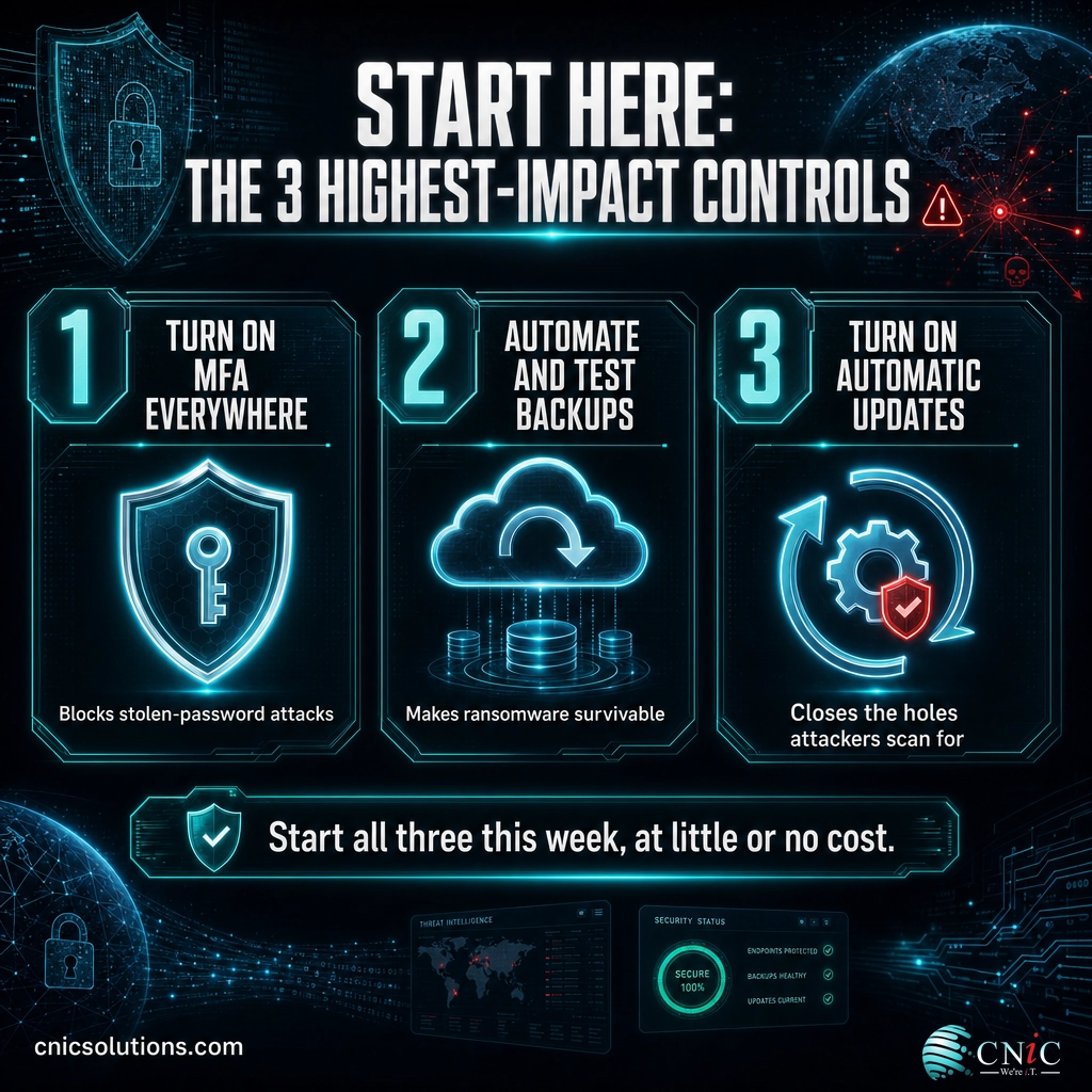 Infographic showing the three highest-impact security controls to start with: MFA, tested backups, and automatic updates
