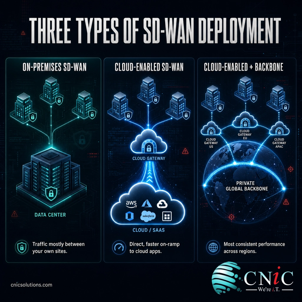 Infographic comparing on-premises, cloud-enabled, and cloud-enabled-with-backbone SD-WAN deployment models