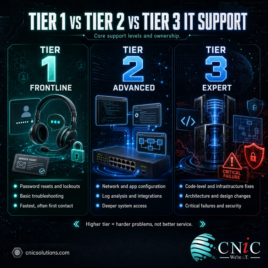 Three-column infographic comparing Tier 1, Tier 2, and Tier 3 IT support responsibilities, skills, and example issues