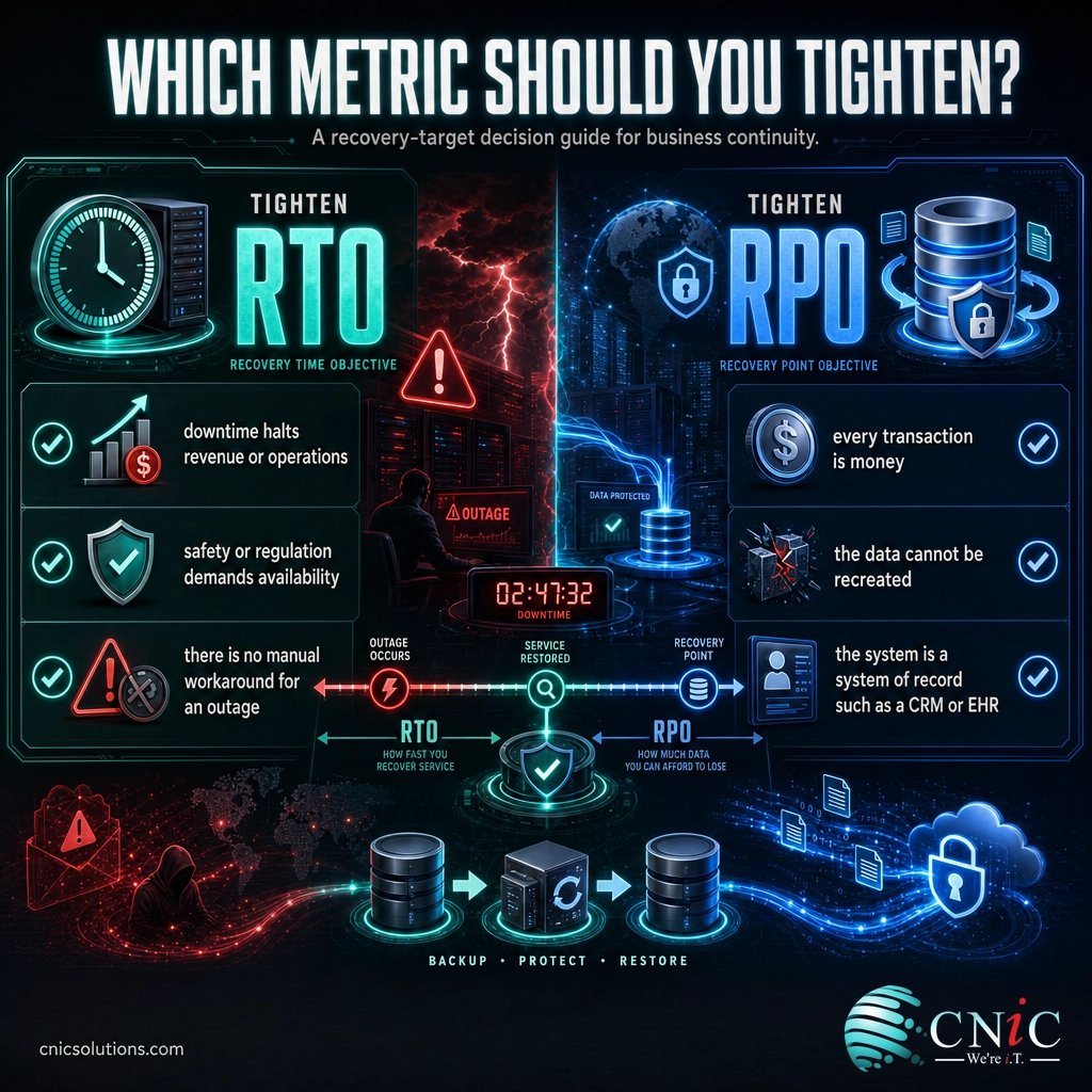 Decision-guide infographic showing when to tighten RTO for downtime risk versus when to tighten RPO for data-loss risk