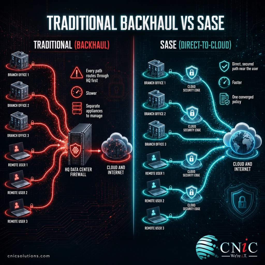 Two-panel infographic comparing traditional hub-and-spoke backhaul through an HQ firewall with the direct-to-cloud SASE edge model
