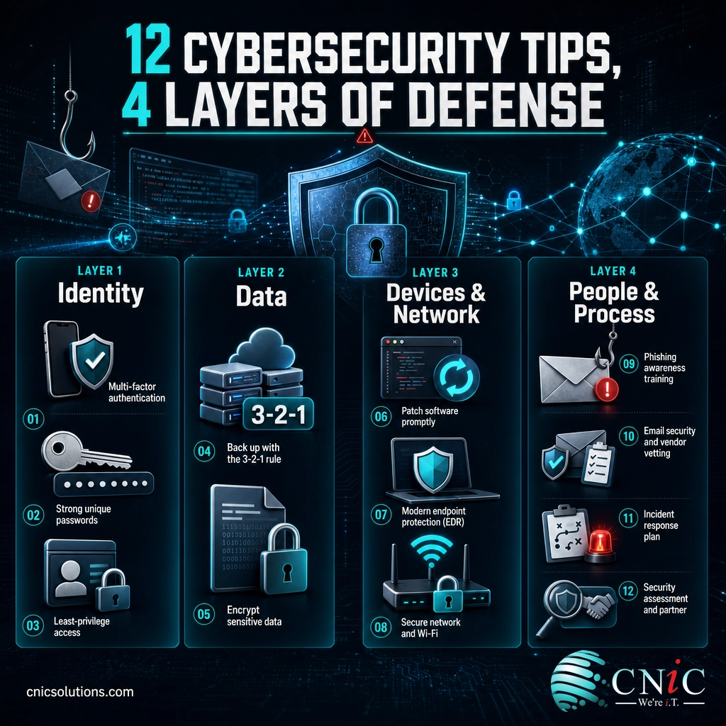 Infographic grouping 12 cybersecurity tips into identity, data, devices and network, and people and process layers