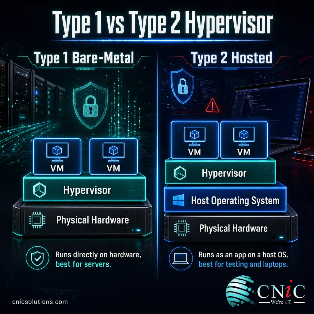 Comparison of Type 1 Bare-Metal and Type 2 Hosted Hypervisors for IT Infrastructure Security.