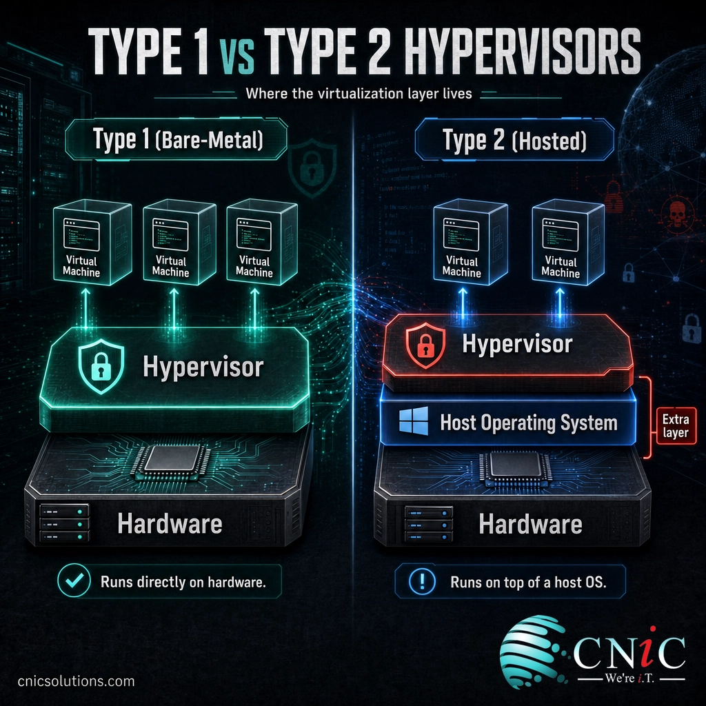Side by side stack diagram of a Type 1 bare-metal hypervisor and a Type 2 hosted hypervisor