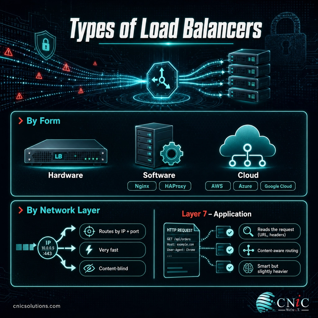 Infographic showing load balancer types by form (hardware, software, cloud) and by network layer (Layer 4 vs Layer 7)