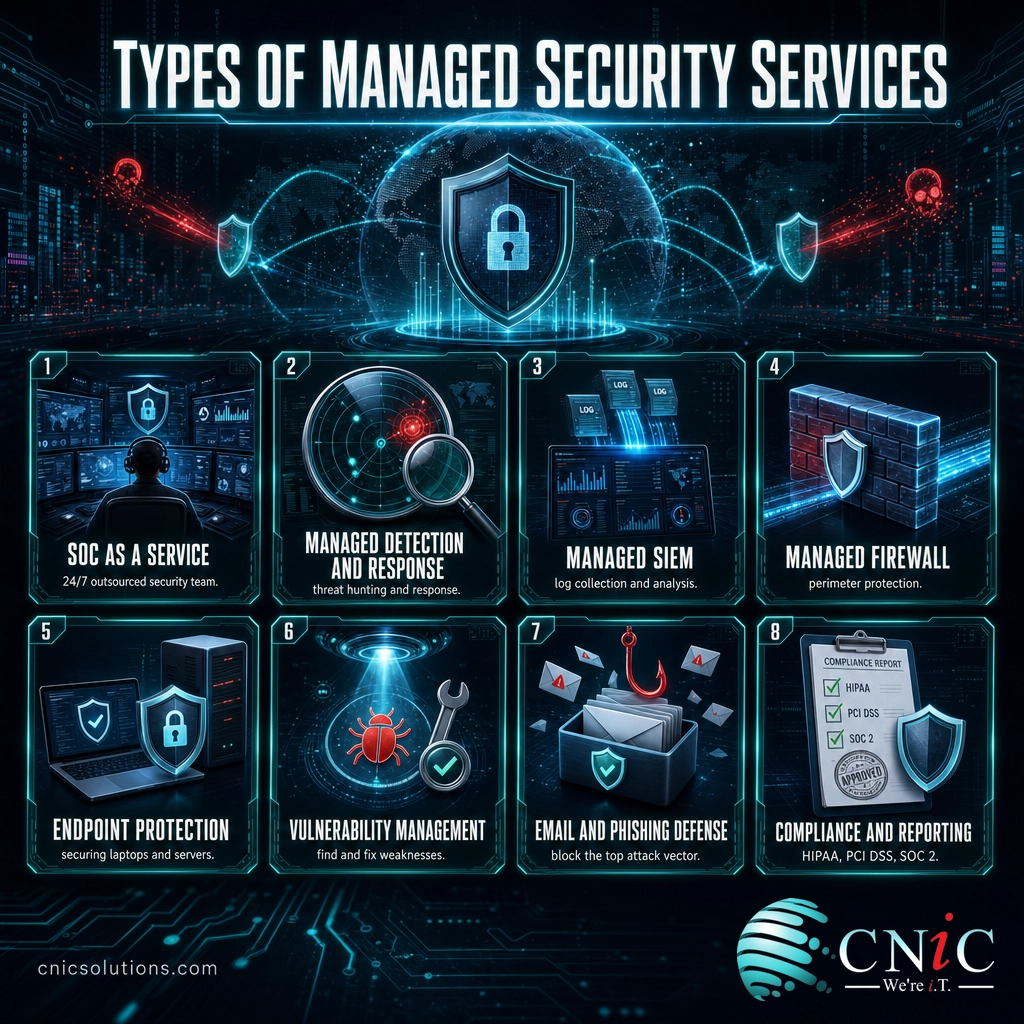Infographic grid of eight core managed security services from SOC as a service to compliance reporting