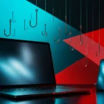 Fishing hooks descending toward a business laptop and phone, representing types of phishing attacks
