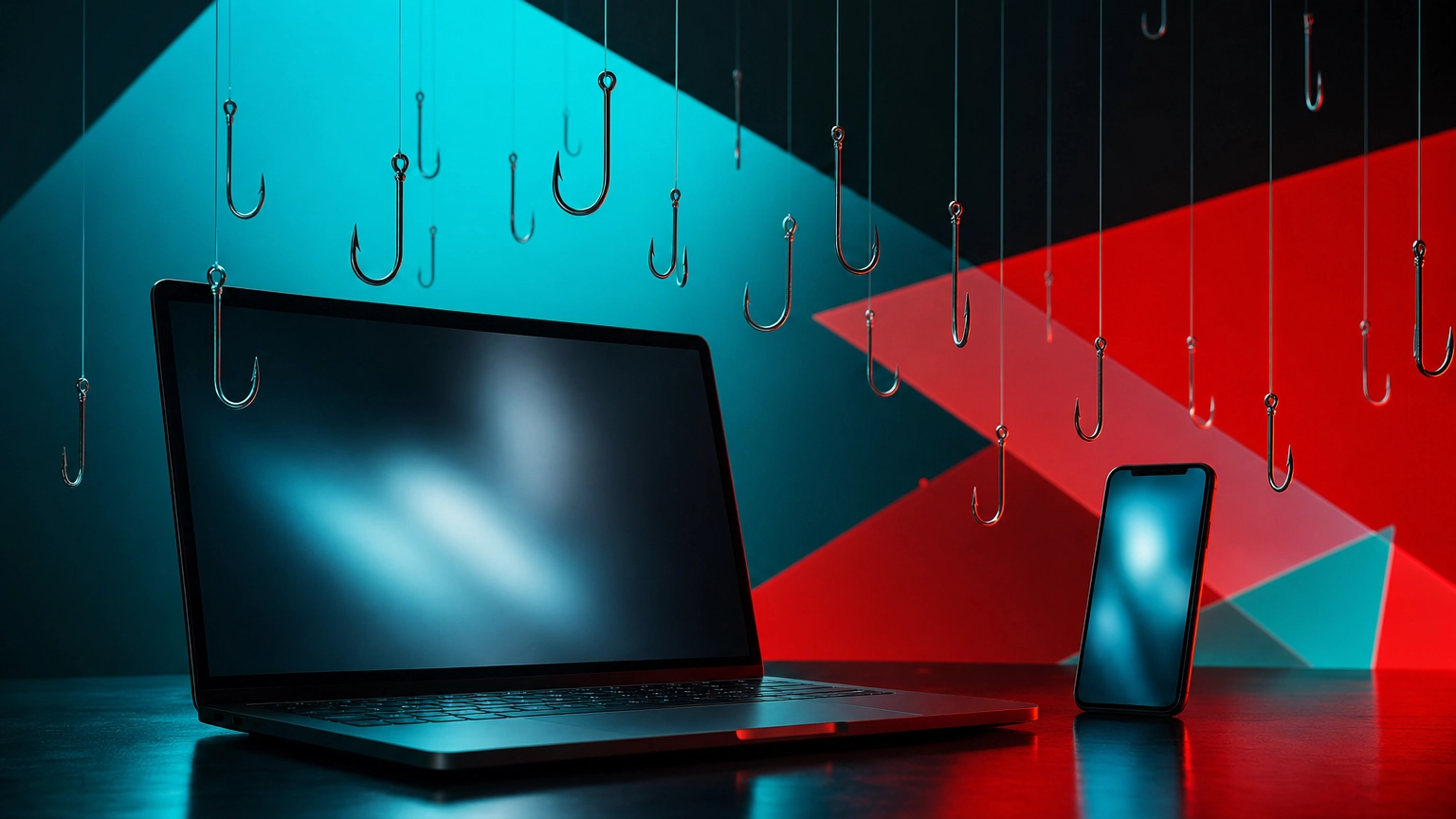 Fishing hooks descending toward a business laptop and phone, representing types of phishing attacks
