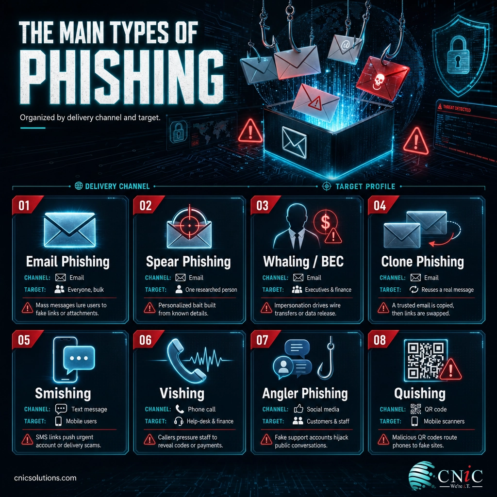 Infographic mapping eight phishing types by delivery channel and target, from email to QR codes
