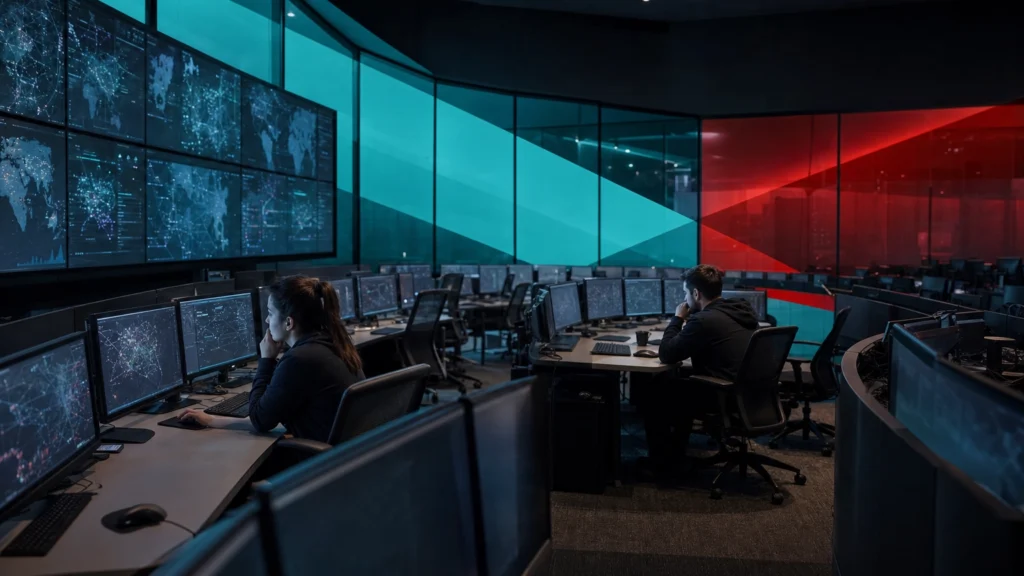 A modern security operations center with mostly empty seats, illustrating the cybersecurity workforce talent gap and hiring shortage