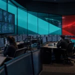 A modern security operations center with mostly empty seats, illustrating the cybersecurity workforce talent gap and hiring shortage