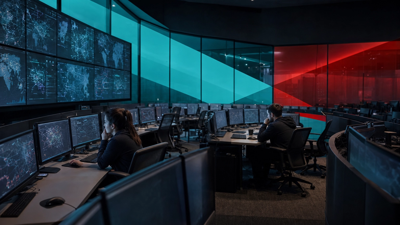 A modern security operations center with mostly empty seats, illustrating the cybersecurity workforce talent gap and hiring shortage