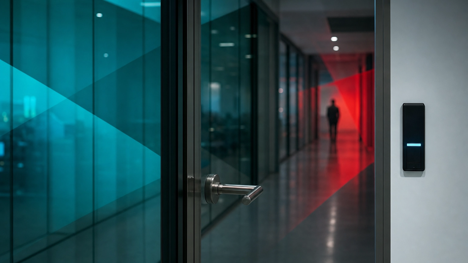 An ajar office door with a keycard reader and a shadowy figure down the hallway, illustrating a security weakness