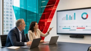 Business leader and technology advisor reviewing an IT strategy plan in a modern office
