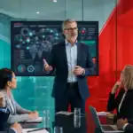 IT professional presenting cybersecurity data to a team in a modern conference room.