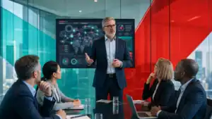 IT professional presenting cybersecurity data to a team in a modern conference room.