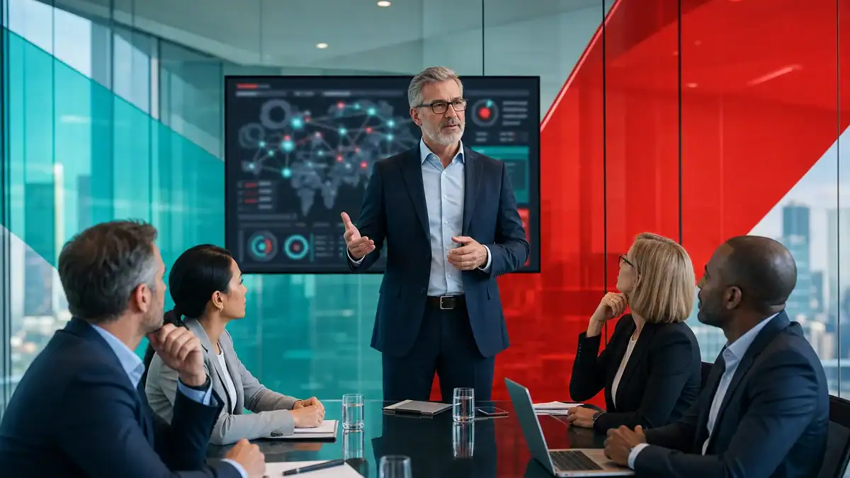 IT professional presenting cybersecurity data to a team in a modern conference room.