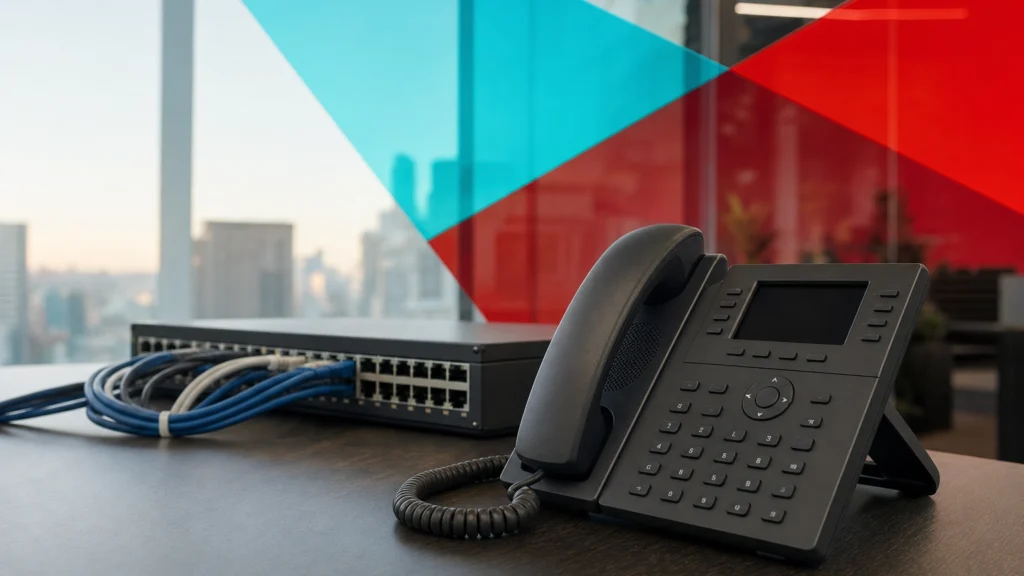IP desk phone on a modern office desk with a network switch and Ethernet cabling in the background