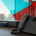 IP desk phone on a modern office desk with a network switch and Ethernet cabling in the background