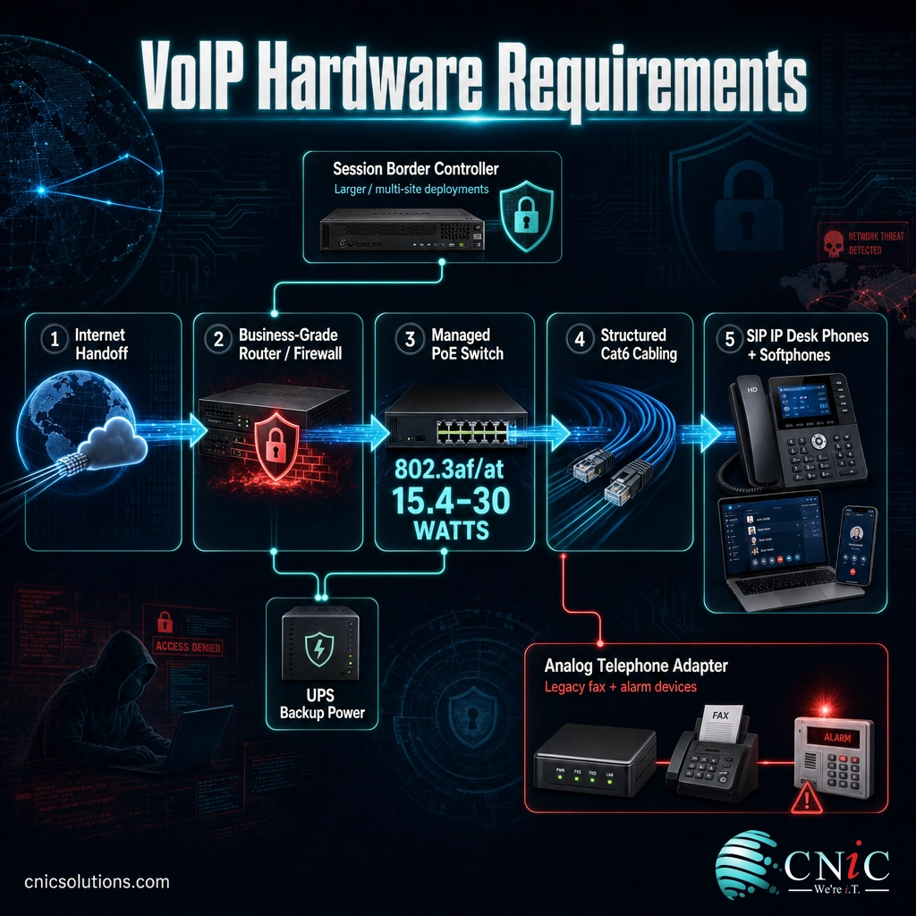 Infographic of the VoIP hardware stack from internet handoff through firewall, PoE switch, cabling, and phones