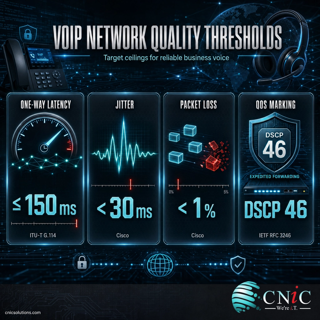 VoIP quality thresholds: latency 150ms, jitter under 30ms, loss under 1 percent, DSCP 46