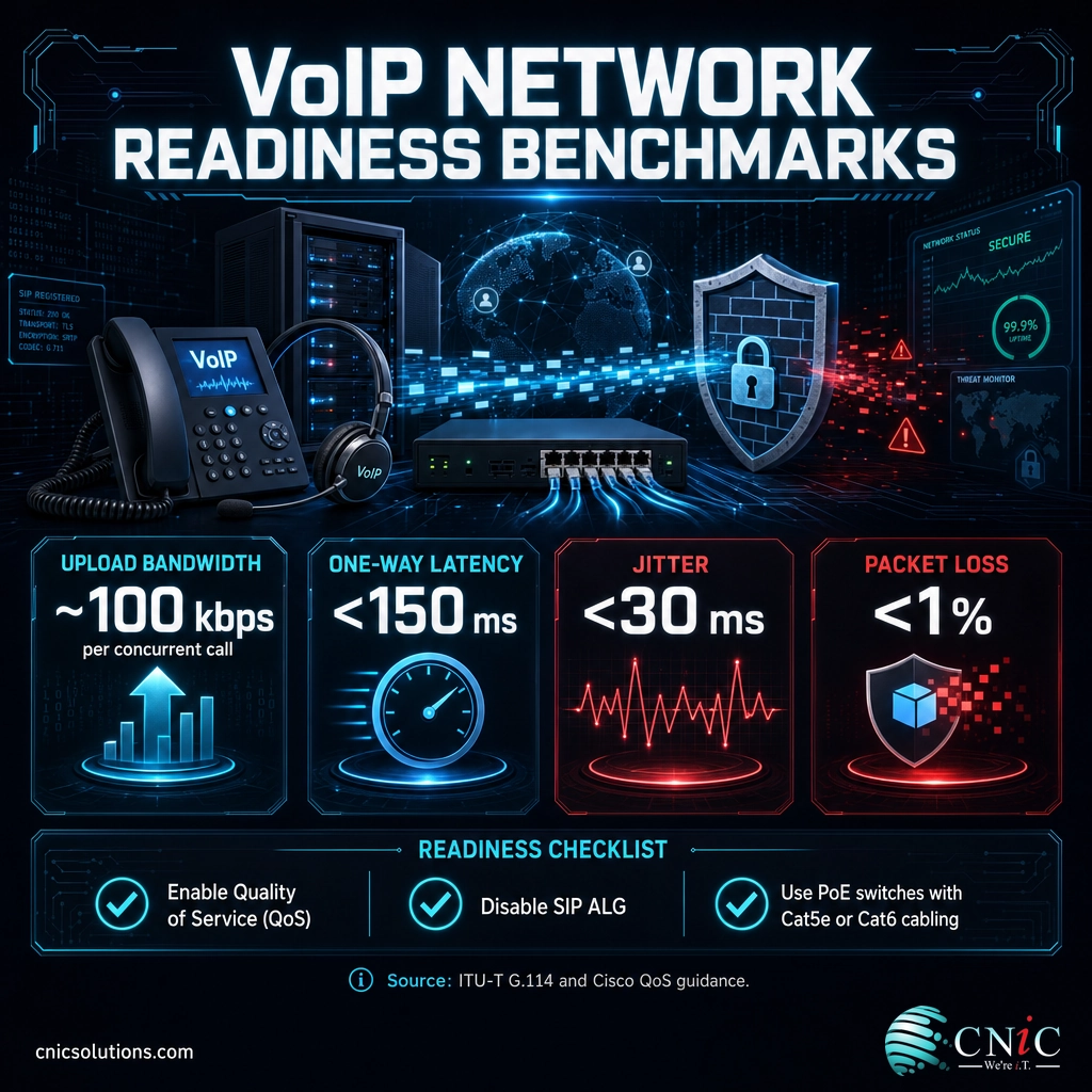 Infographic of VoIP network benchmarks: 100 kbps per call, under 150 ms latency, under 30 ms jitter, under 1 percent loss