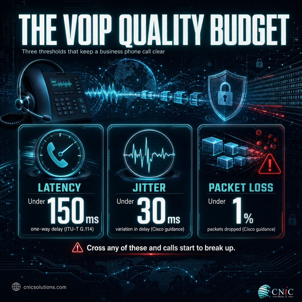 Infographic of the VoIP quality budget: latency under 150 ms, jitter under 30 ms, and packet loss under 1 percent